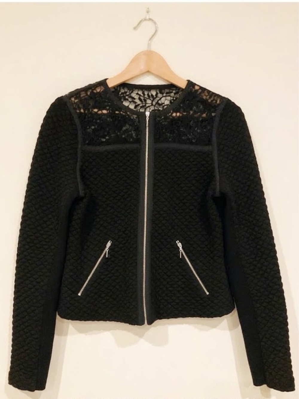 NWT Vintage Rebecca Taylor Black Quilted Lace Yoke Zip Jacket Size 8